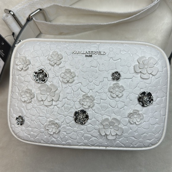Karl Lagerfeld Paris Maybelle Crossbody Purse with Floral Pins in Winter White - Picture 9 of 12
